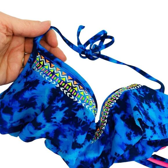 Victoria's Secret PINK Tie Dye Bikini Top Flouncy Neon Embroidery Xsmall - Picture 3 of 8